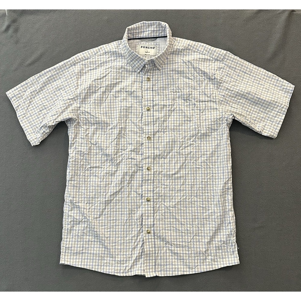 Poncho Fishing Shirt Mens Medium Blue Grey White Plaid Short Sleeve Regular Fit